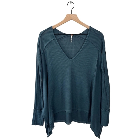 Free People Sweaters - Free People V-Neck Thermal Waffle Knit Shirt Evergreen Green Boho Oversize Med
